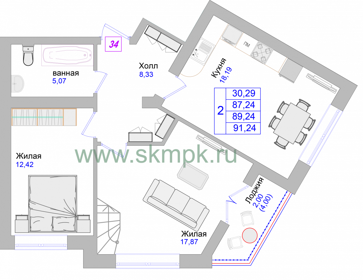 Апартаменты №34, 2-комнатная, 90.2 м², 5 этаж - планировка, Недвижимость у моря «Лазурь»
