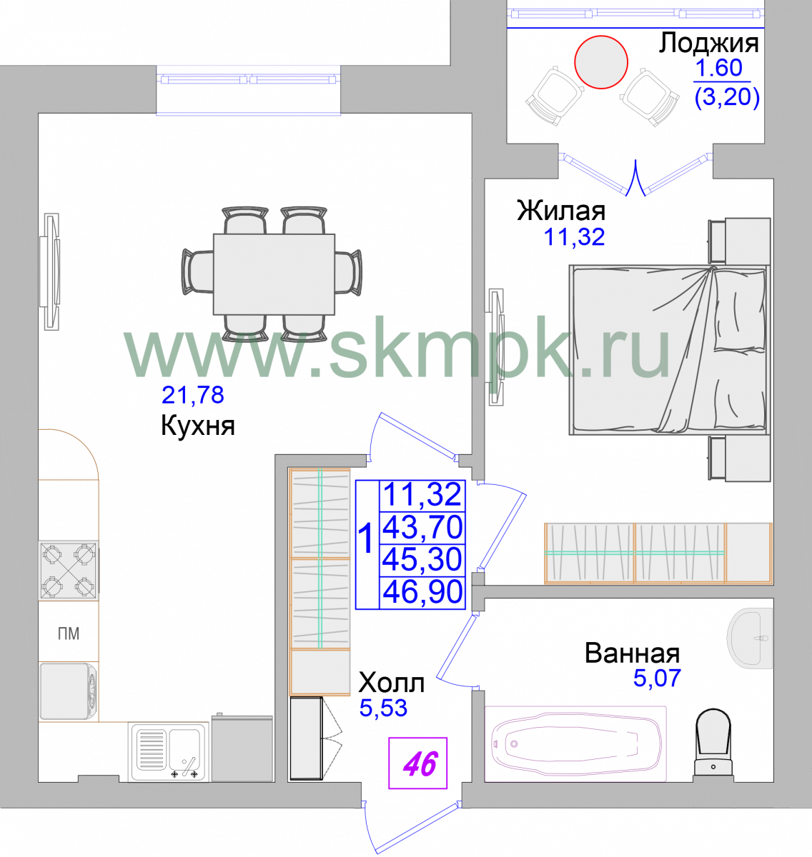 Апартаменты №46, 1-комнатная, 47.3 м², 2 этаж - планировка, Недвижимость у моря «Лазурь»