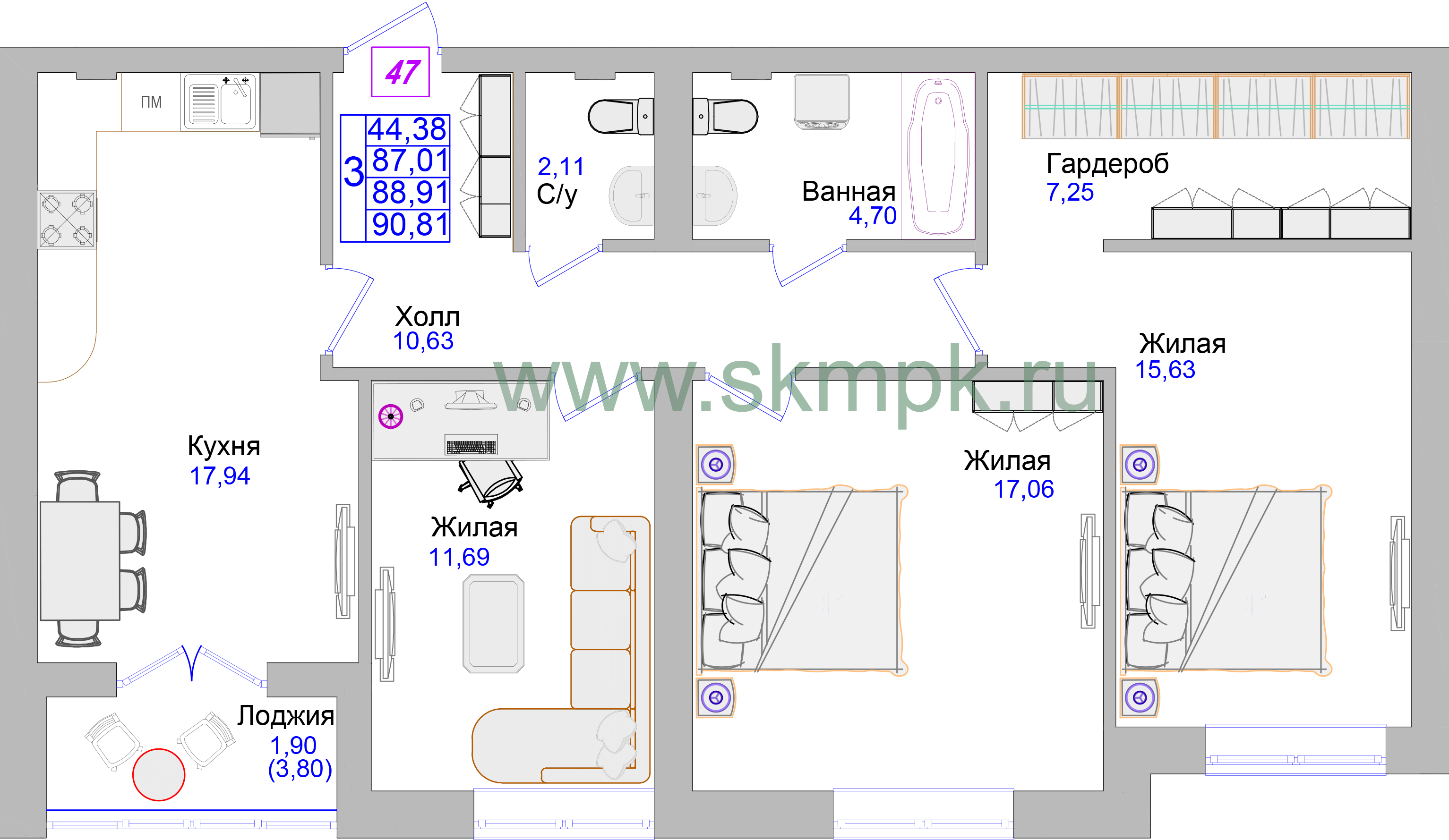 Апартаменты №47, 1-комнатная, 48.8 м², 2 этаж - планировка, Недвижимость у моря «Лазурь»