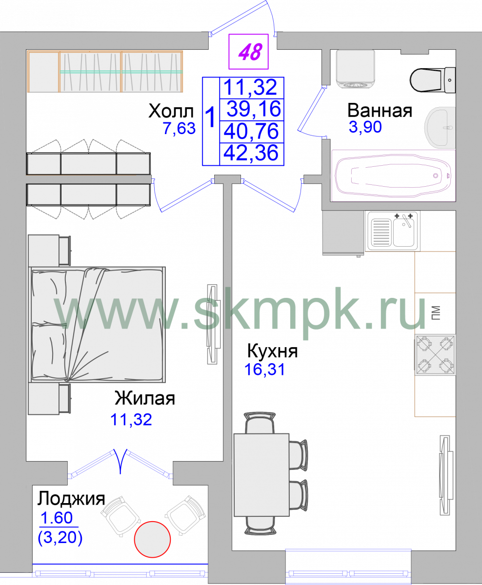 Апартаменты №48, 1-комнатная, 42.3 м², 2 этаж - планировка, Недвижимость у моря «Лазурь»