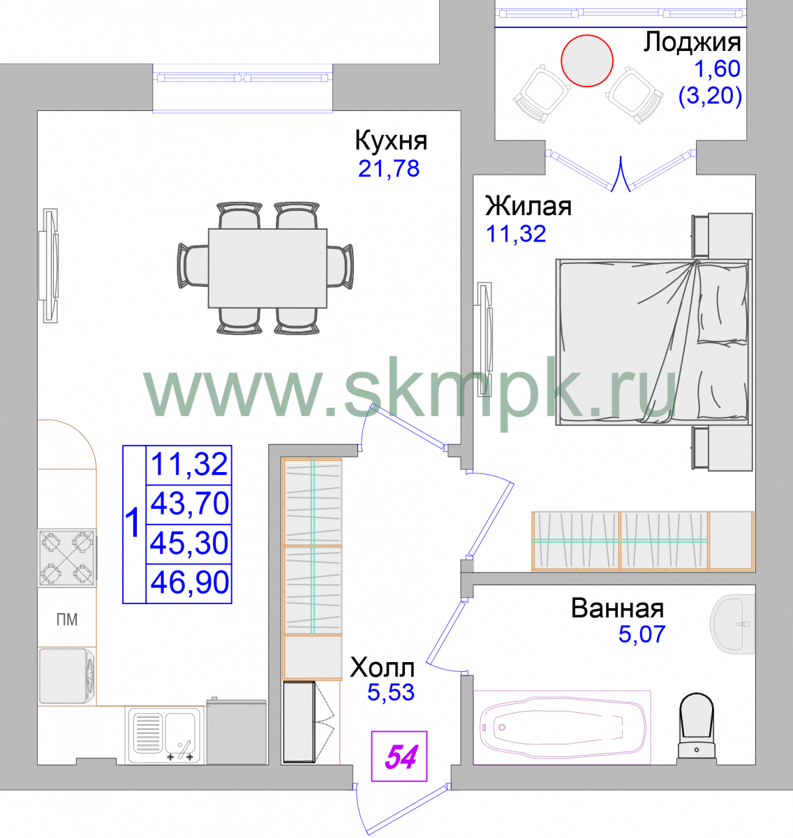 Апартаменты №54, 1-комнатная, 47.2 м², 3 этаж - планировка, Недвижимость у моря «Лазурь»