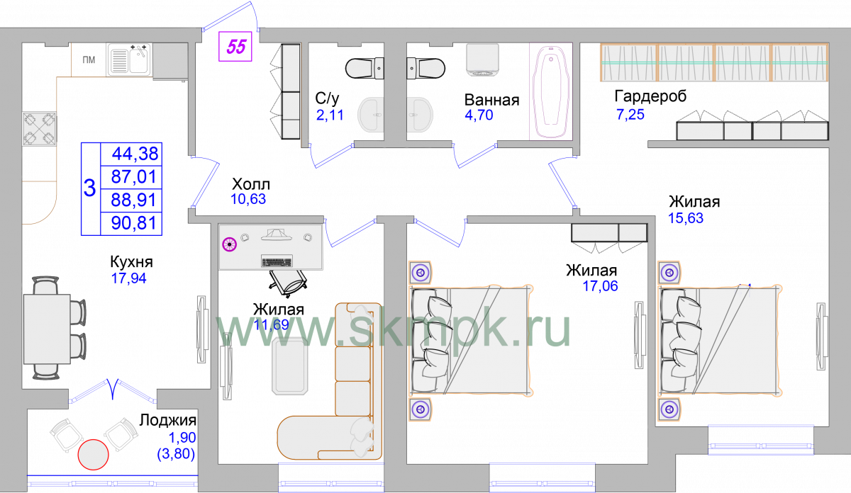 Апартаменты №55, 3-комнатная, 91.3 м², 3 этаж - планировка, Недвижимость у моря «Лазурь»