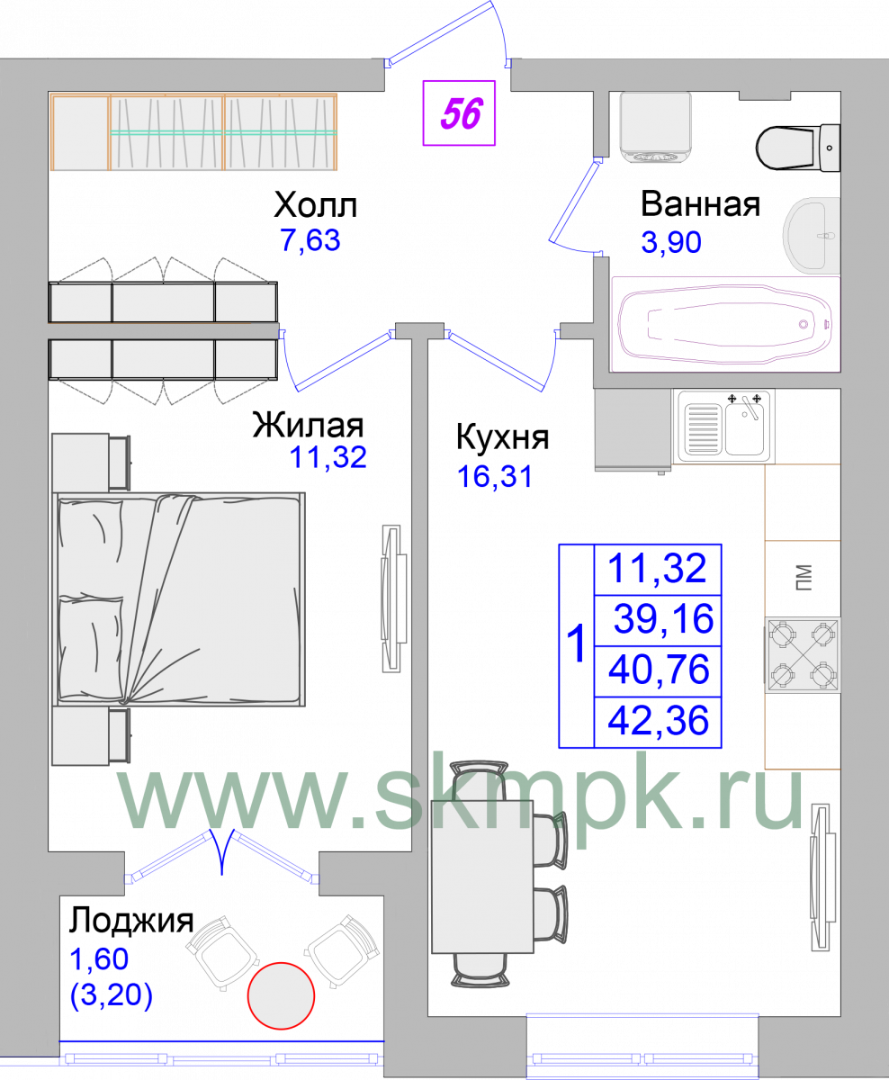 Апартаменты №56, 1-комнатная, 42.2 м², 3 этаж - планировка, Недвижимость у моря «Лазурь»