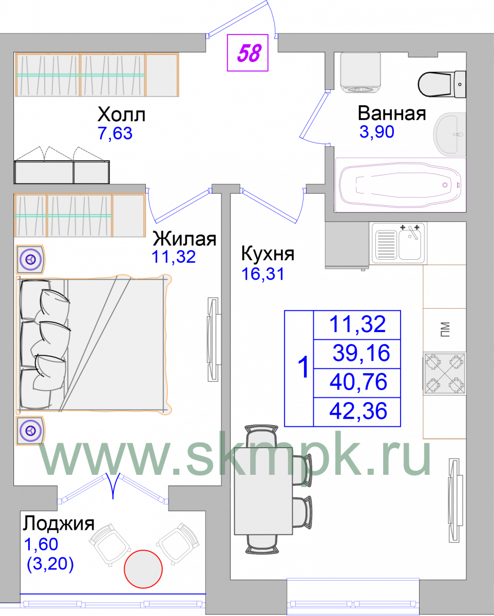 Апартаменты №58, 1-комнатная, 42.7 м², 3 этаж - планировка, Недвижимость у моря «Лазурь»