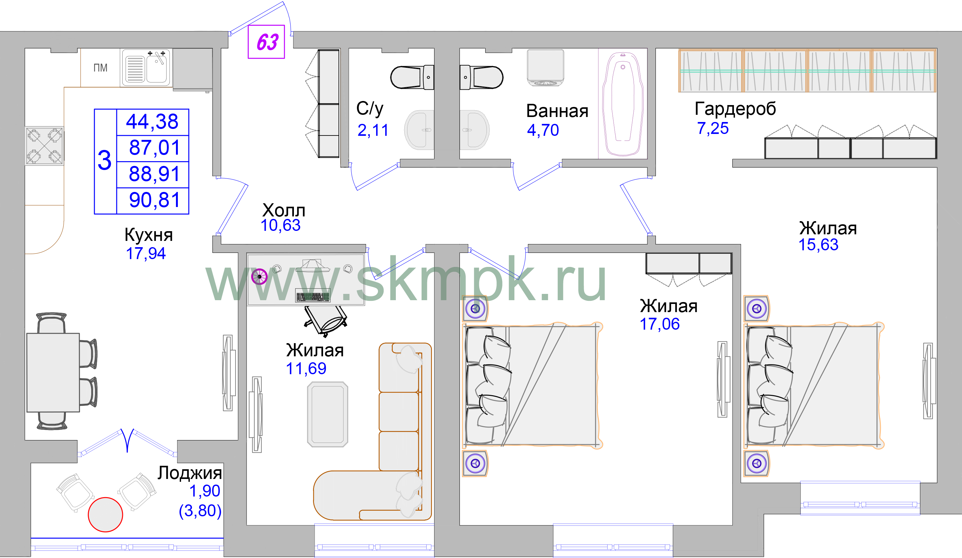 Апартаменты №63, 1-комнатная, 48.9 м², 4 этаж - планировка, Недвижимость у моря «Лазурь»