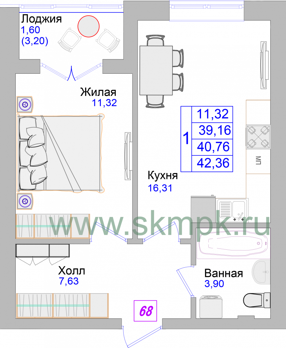 Апартаменты №68, 1-комнатная, 42.5 м², 4 этаж - планировка, Недвижимость у моря «Лазурь»