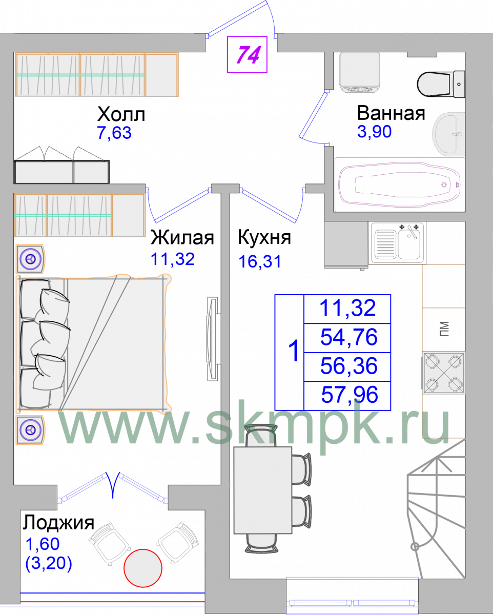 Апартаменты №74, 1-комнатная, 58.7 м², 5 этаж - планировка, Недвижимость у моря «Лазурь»