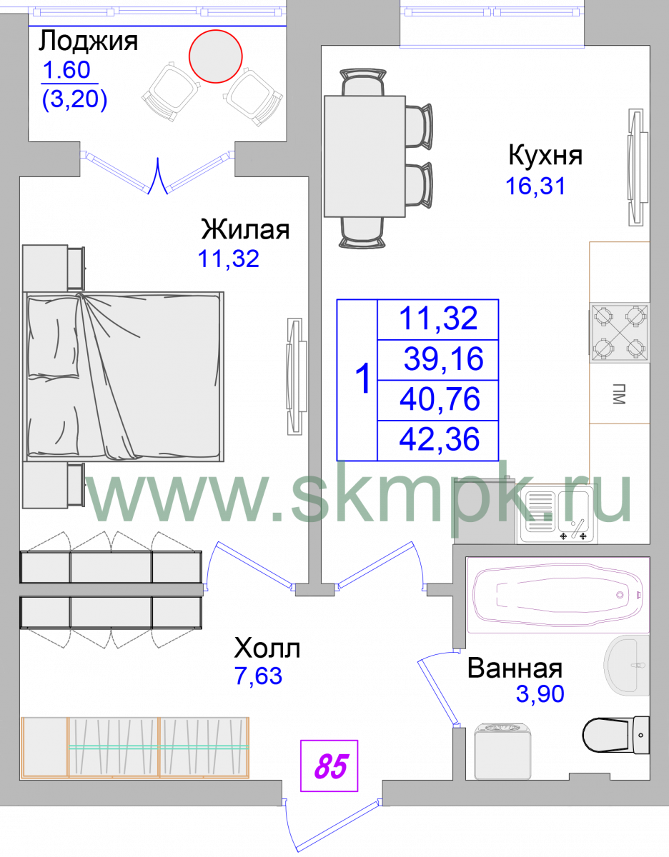 Апартаменты №85, 1-комнатная, 42.6 м², 2 этаж - планировка, Недвижимость у моря «Лазурь»