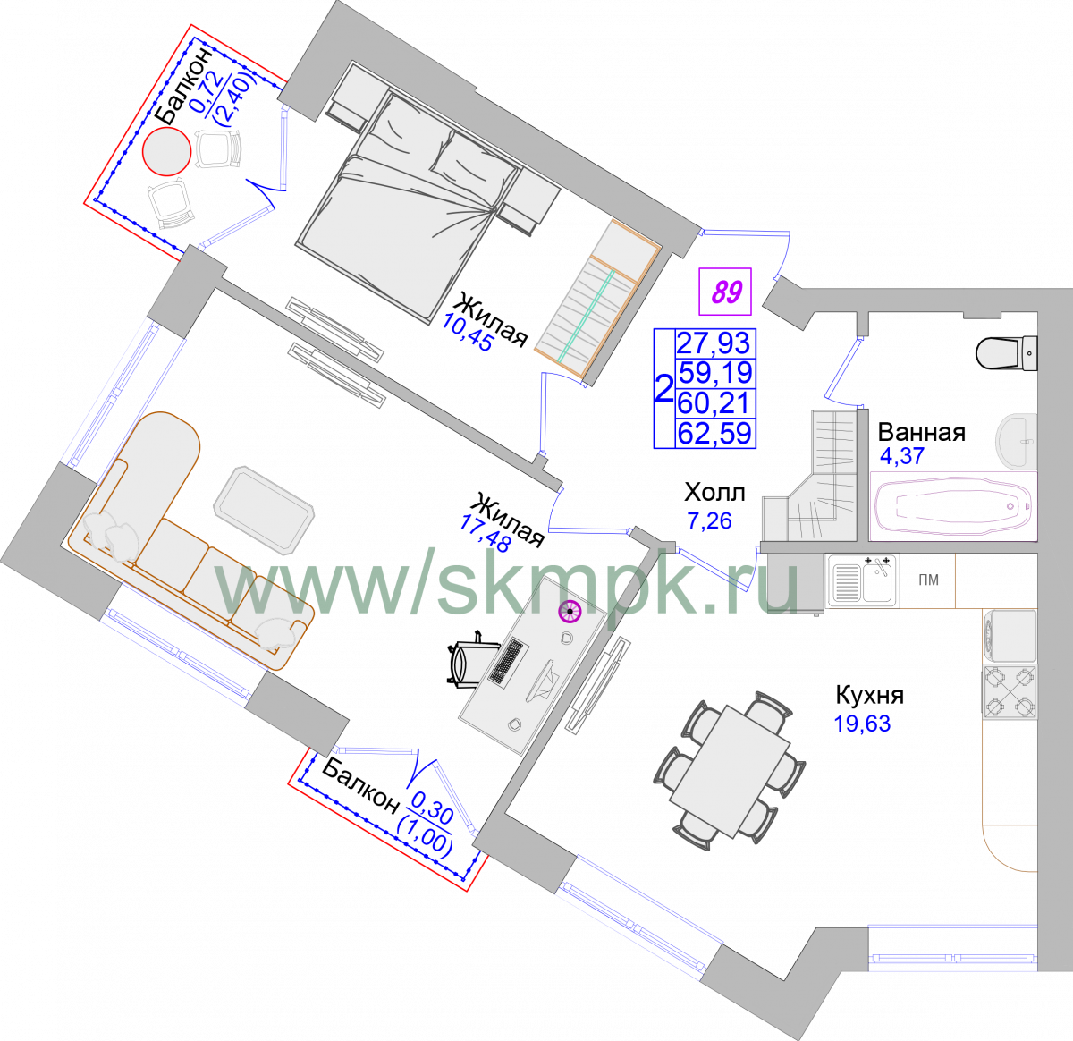 Апартаменты №89, 2-комнатная, 62.7 м², 2 этаж - планировка, Недвижимость у моря «Лазурь»