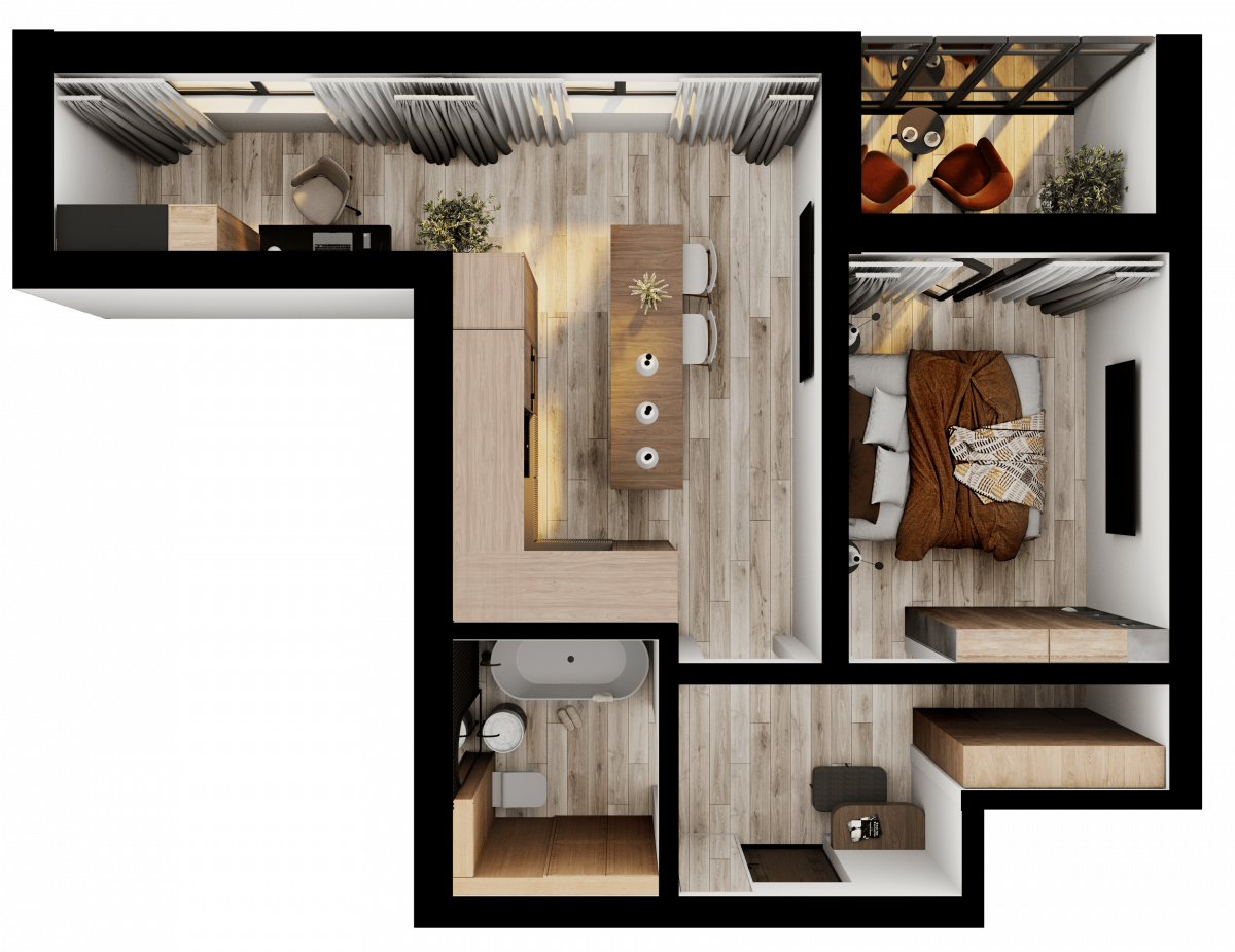 Апартаменты №91, 1-комнатная, 45.8 м², 3 этаж - планировка, Недвижимость у моря «Лазурь»