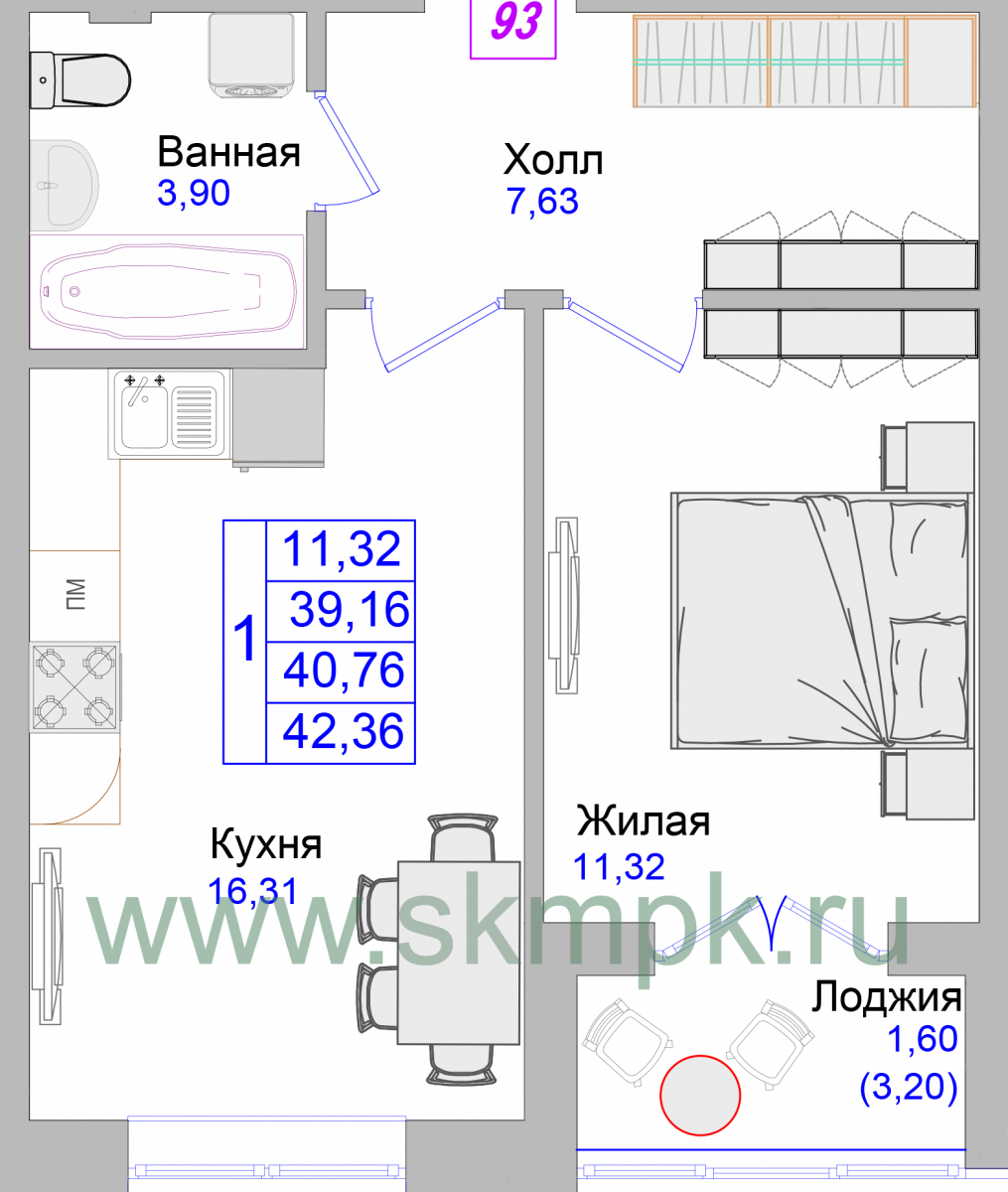 Апартаменты №93, 1-комнатная, 42.5 м², 3 этаж - планировка, Недвижимость у моря «Лазурь»