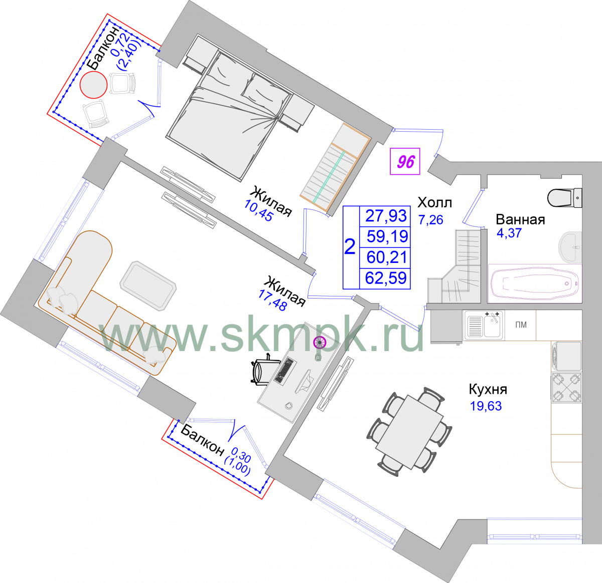 Апартаменты №96, 2-комнатная, 62.7 м², 3 этаж - планировка, Недвижимость у моря «Лазурь»