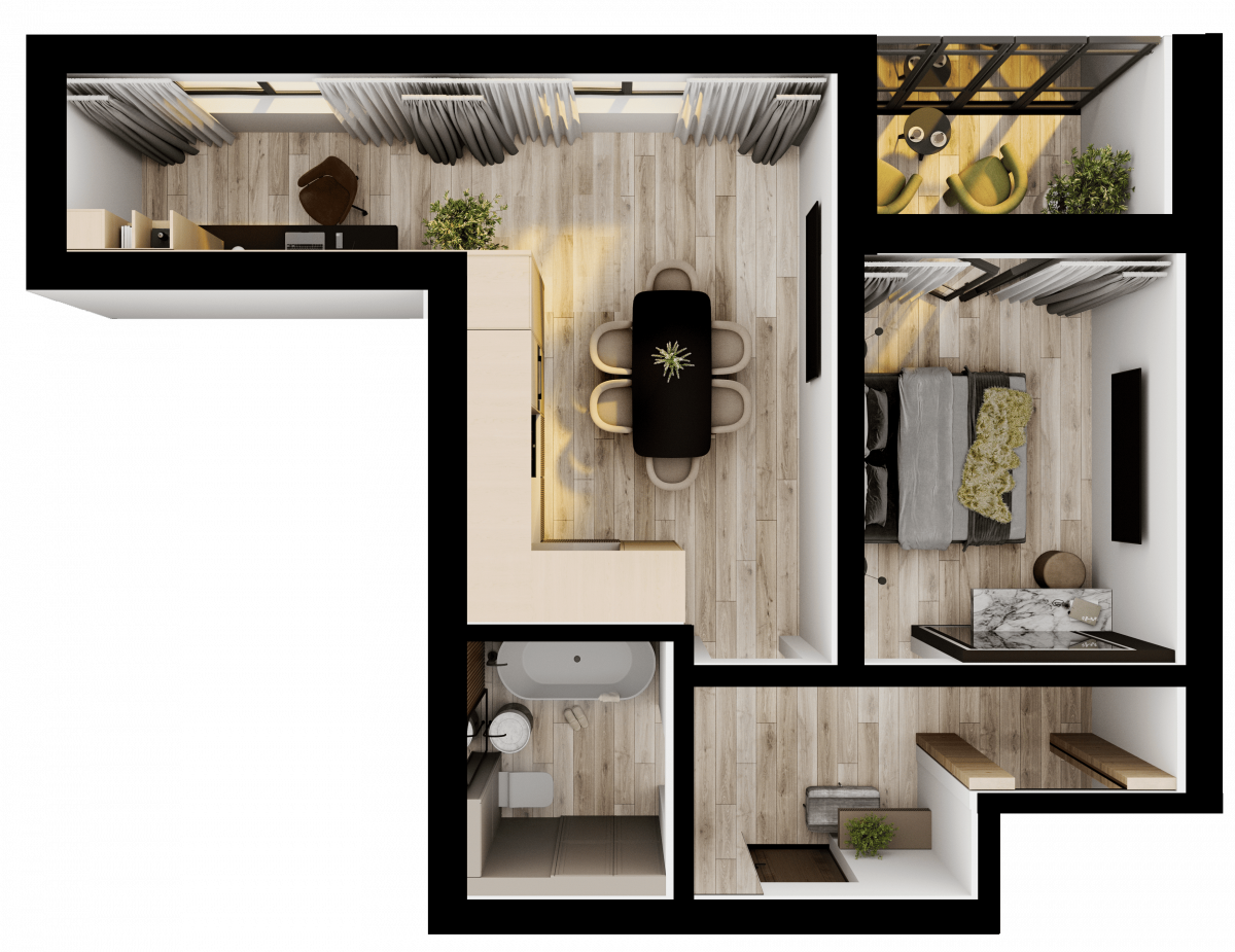 Апартаменты №98, 1-комнатная, 46 м², 4 этаж - планировка, Недвижимость у моря «Лазурь»