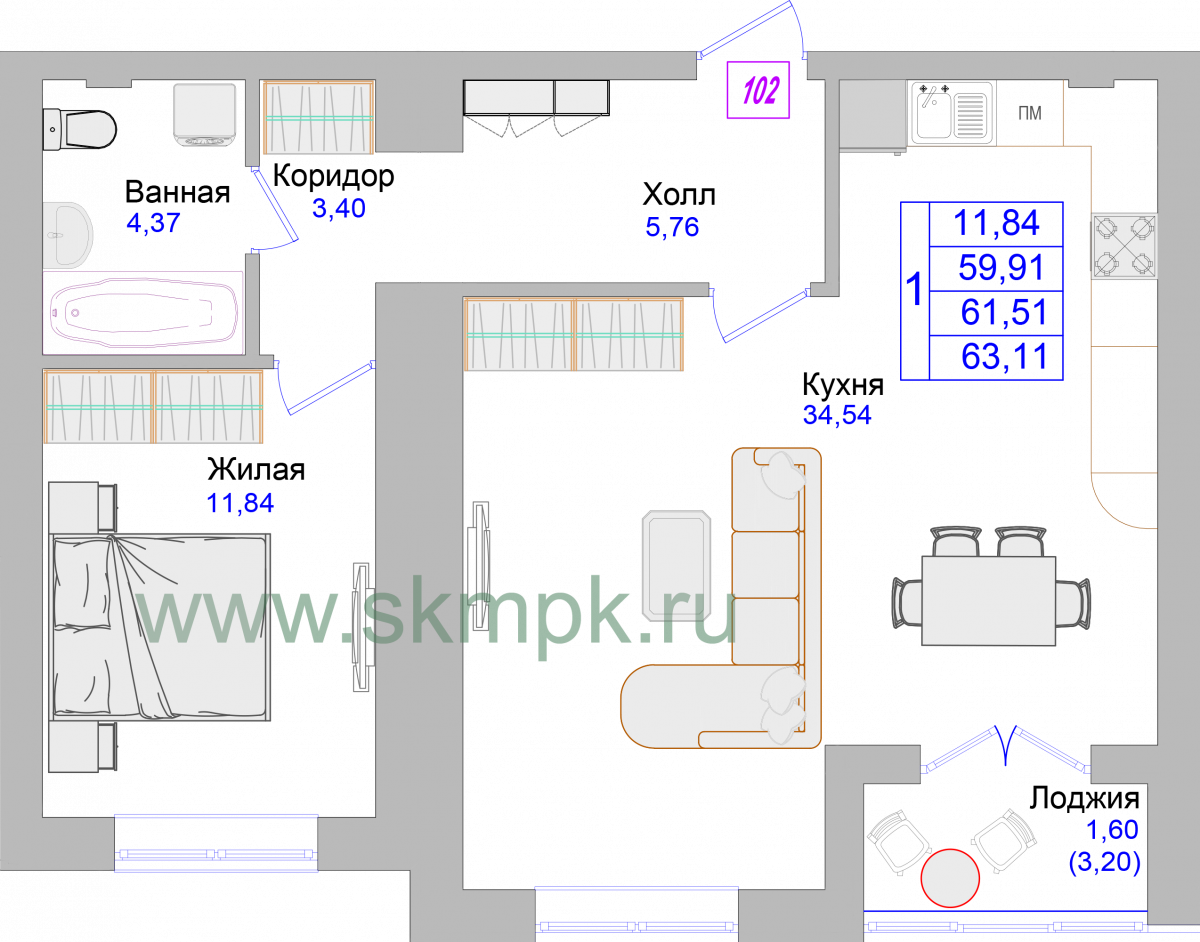 Апартаменты №102, 1-комнатная, 63.5 м², 4 этаж - планировка, Недвижимость у моря «Лазурь»