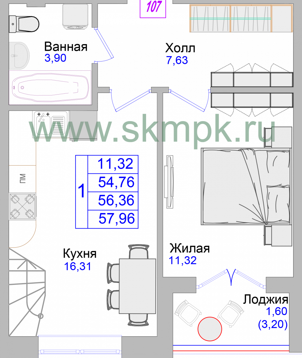 Апартаменты №107, 1-комнатная, 58.1 м², 5 этаж - планировка, Недвижимость у моря «Лазурь»
