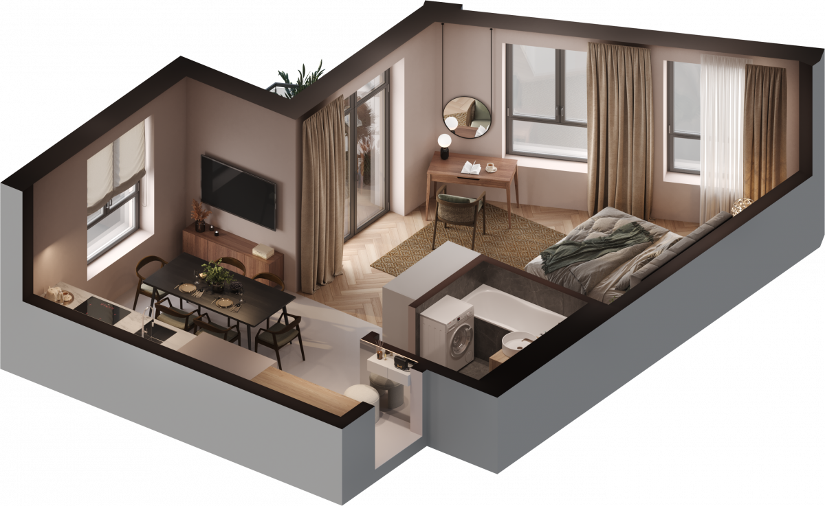 Апартаменты №1, 1-комнатная, 41.5 м², 1 этаж - планировка, Инвестиционная недвижимость «Грани»