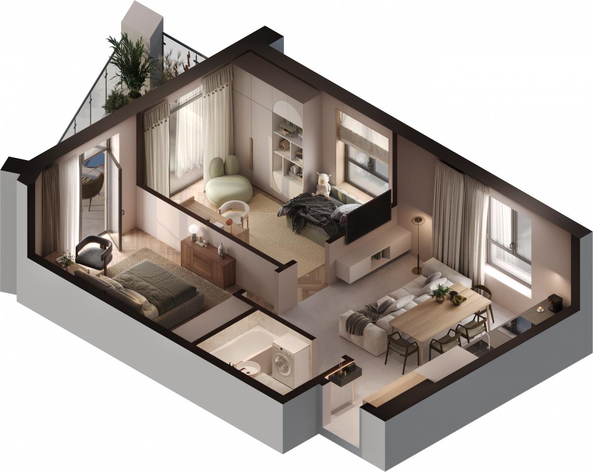Апартаменты №7, 3-комнатная, 64.4 м², 2 этаж - планировка, Инвестиционная недвижимость «Грани»