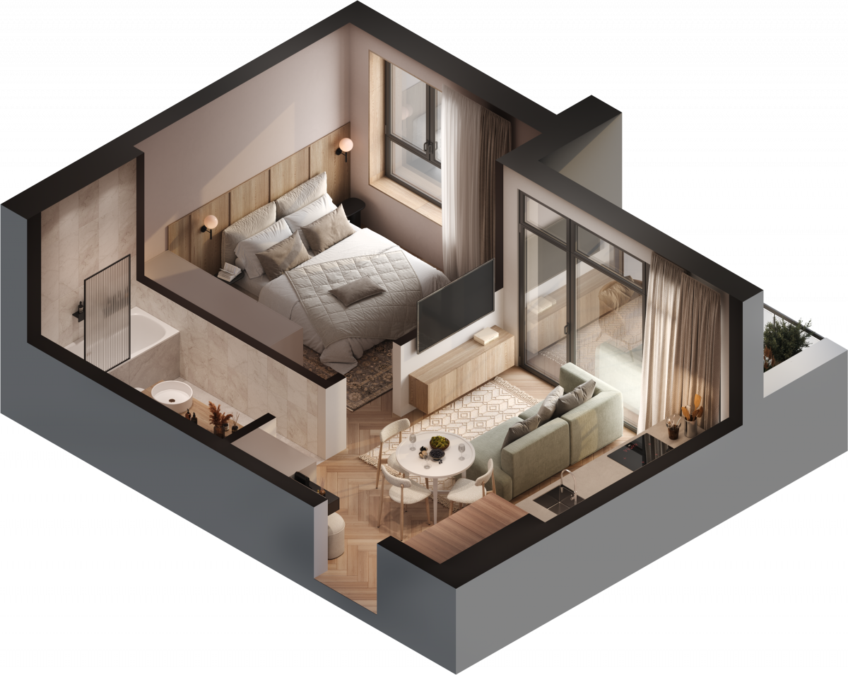 Апартаменты №8, 2-комнатная, 36.6 м², 2 этаж - планировка, Инвестиционная недвижимость «Грани»