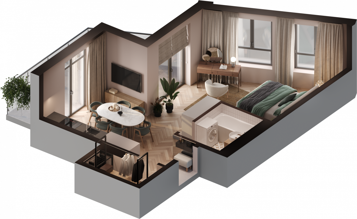 Апартаменты №11, 1-комнатная, 51.6 м², 3 этаж - планировка, Инвестиционная недвижимость «Грани»