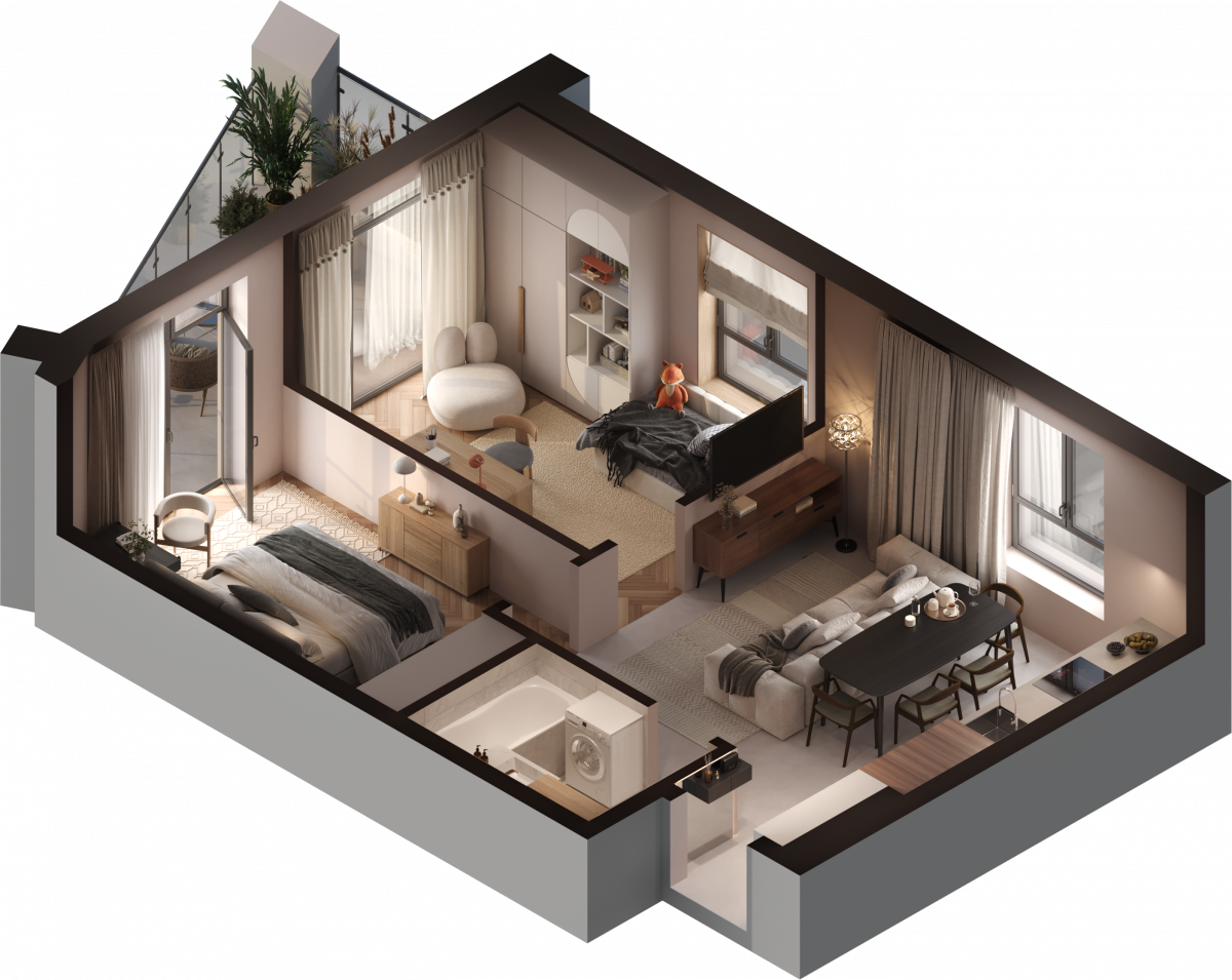 Апартаменты №12, 3-комнатная, 64.4 м², 3 этаж - планировка, Инвестиционная недвижимость «Грани»