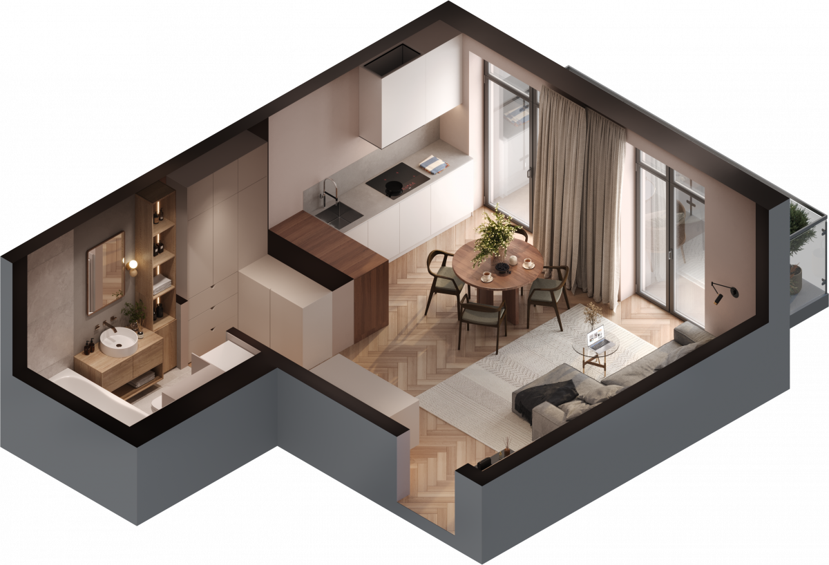 Апартаменты №15, 1-комнатная, 37.6 м², 3 этаж - планировка, Инвестиционная недвижимость «Грани»