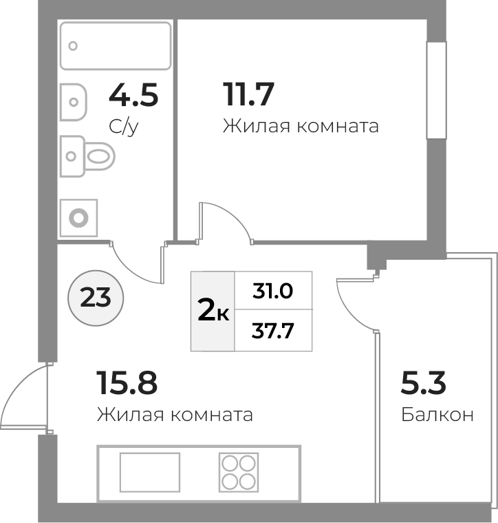 Апартаменты №23, 2-комнатная, 37.7 м², 5 этаж - планировка, Инвестиционная недвижимость «Грани»