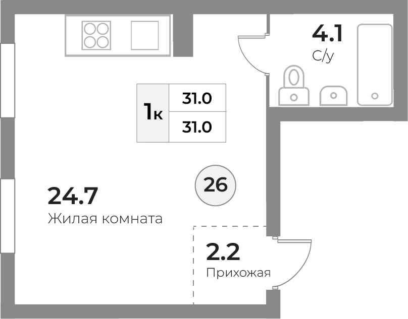 Апартаменты №26, 1-комнатная, 31 м², 1 этаж - планировка, Инвестиционная недвижимость «Грани»