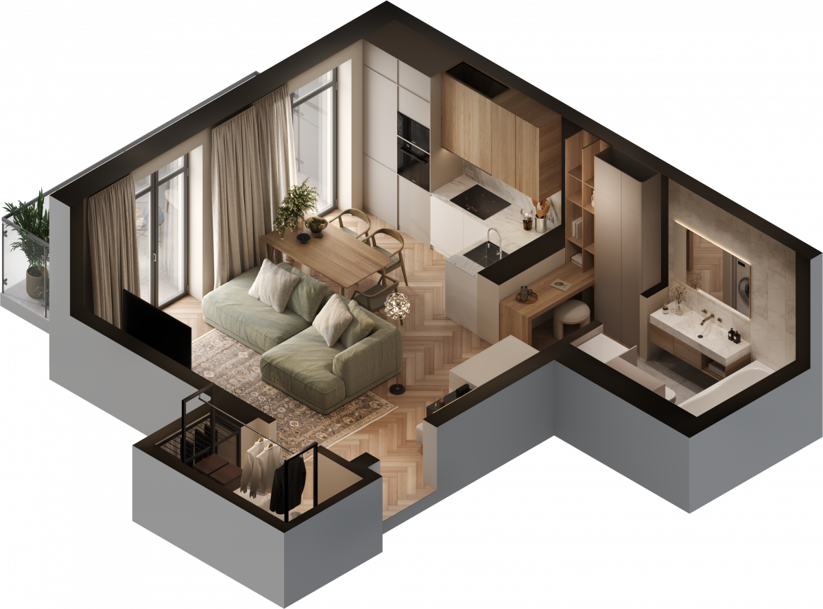 Апартаменты №31, 1-комнатная, 41.4 м², 2 этаж - планировка, Инвестиционная недвижимость «Грани»