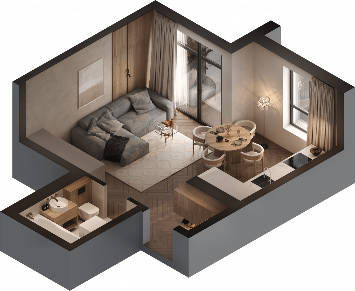 Апартаменты №32, 1-комнатная, 34.3 м², 2 этаж - планировка, Инвестиционная недвижимость «Грани»