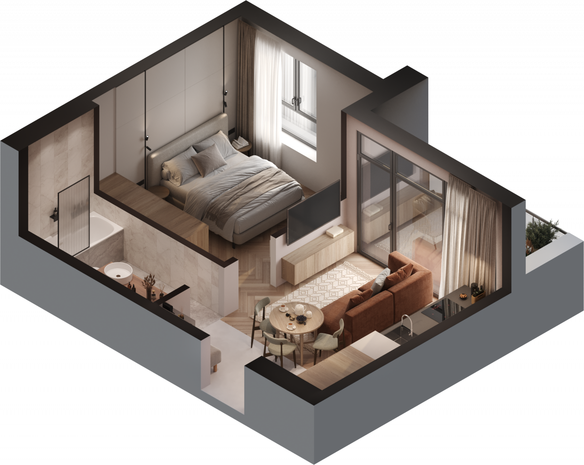Апартаменты №33, 2-комнатная, 36.4 м², 2 этаж - планировка, Инвестиционная недвижимость «Грани»