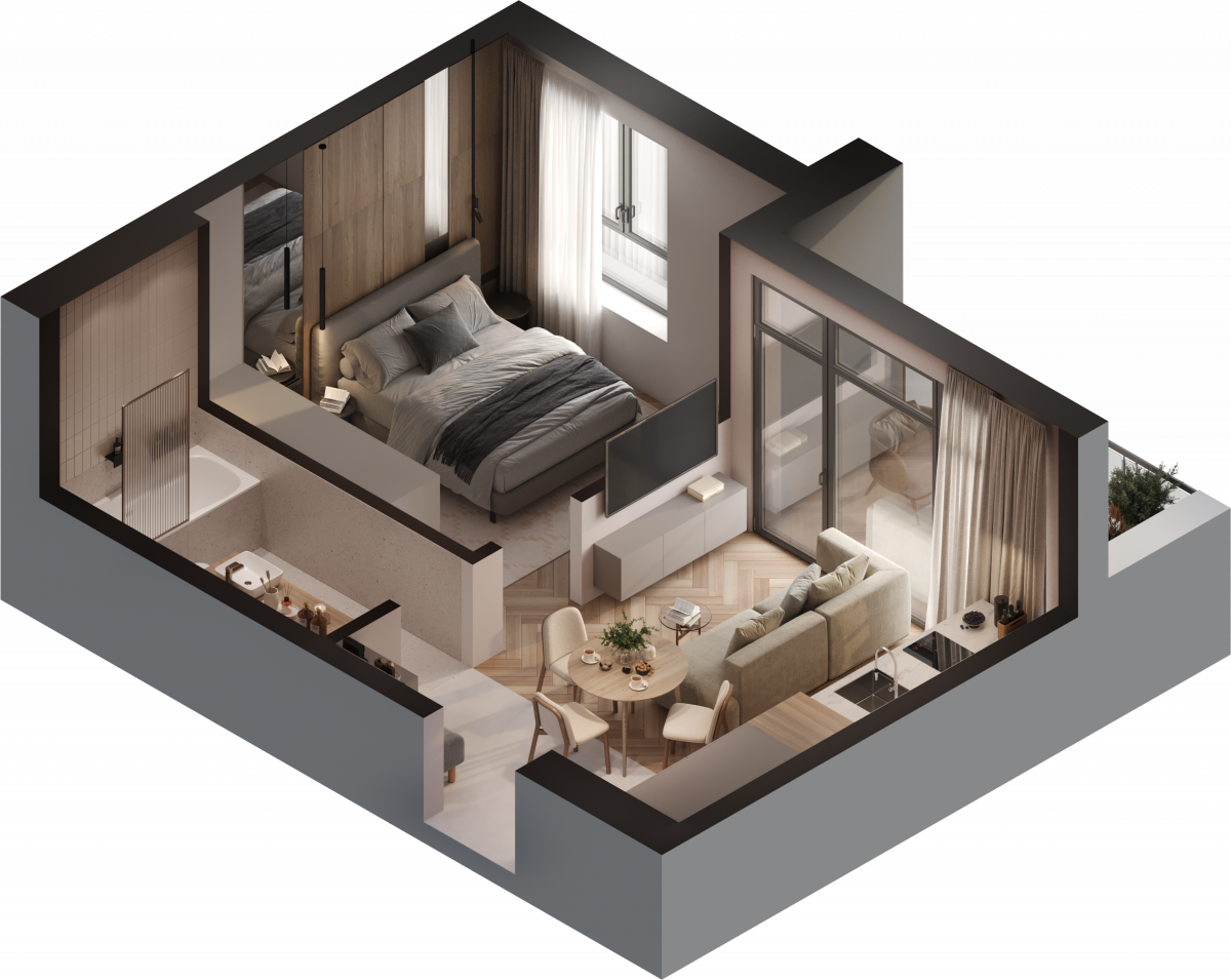 Апартаменты №38, 2-комнатная, 36.4 м², 3 этаж - планировка, Инвестиционная недвижимость «Грани»
