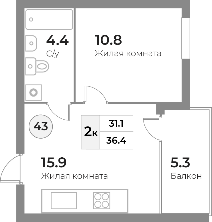 Апартаменты №43, 2-комнатная, 36.4 м², 4 этаж - планировка, Инвестиционная недвижимость «Грани»