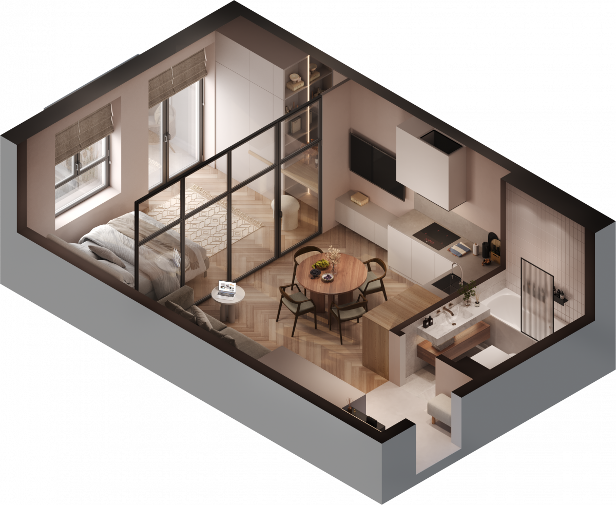 Апартаменты №53, 1-комнатная, 40 м², 1 этаж - планировка, Инвестиционная недвижимость «Грани»