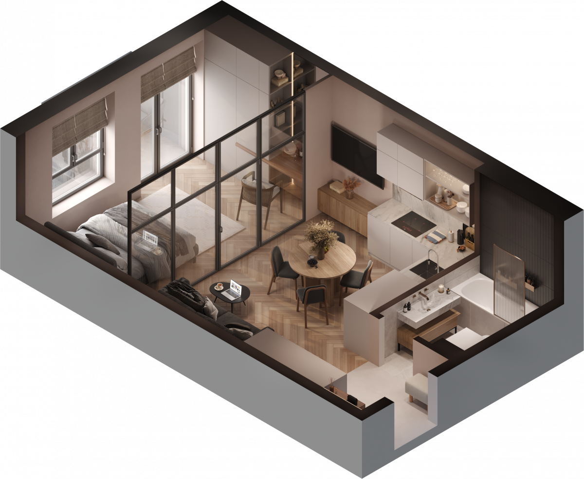 Апартаменты №61, 1-комнатная, 40 м², 3 этаж - планировка, Инвестиционная недвижимость «Грани»