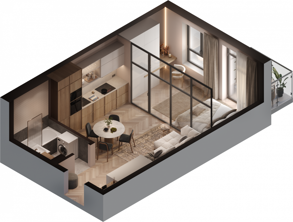 Апартаменты №79, 1-комнатная, 40 м², 2 этаж - планировка, Инвестиционная недвижимость «Грани»