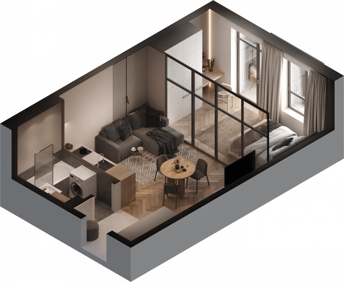 Апартаменты №83, 1-комнатная, 40 м², 3 этаж - планировка, Инвестиционная недвижимость «Грани»