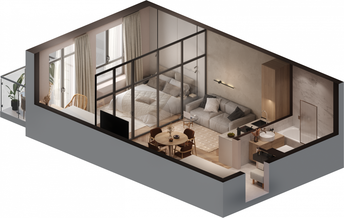 Апартаменты №84, 1-комнатная, 40.7 м², 3 этаж - планировка, Инвестиционная недвижимость «Грани»