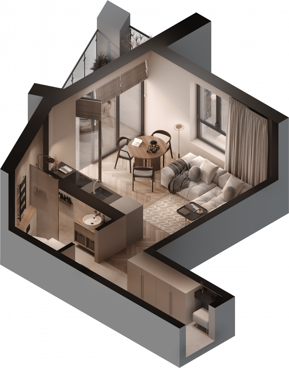 Апартаменты №102, 1-комнатная, 36.6 м², 1 этаж - планировка, Инвестиционная недвижимость «Грани»