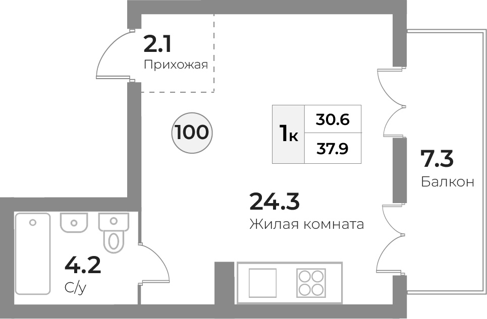 Апартаменты №104, 1-комнатная, 38.2 м², 2 этаж - планировка, Инвестиционная недвижимость «Грани»