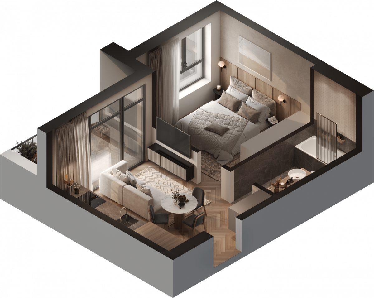 Апартаменты №106, 2-комнатная, 36.6 м², 2 этаж - планировка, Инвестиционная недвижимость «Грани»