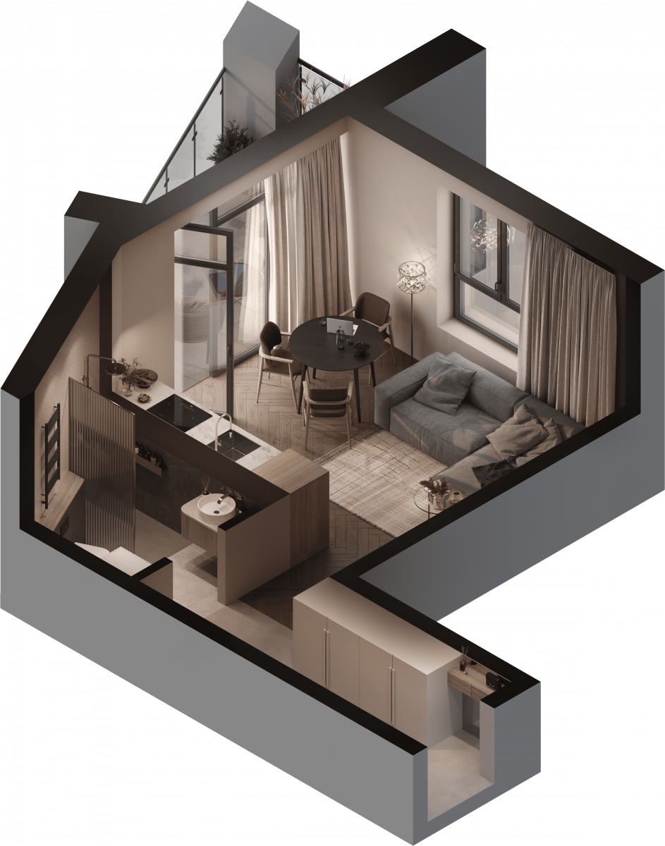 Апартаменты №109, 1-комнатная, 36.5 м², 2 этаж - планировка, Инвестиционная недвижимость «Грани»