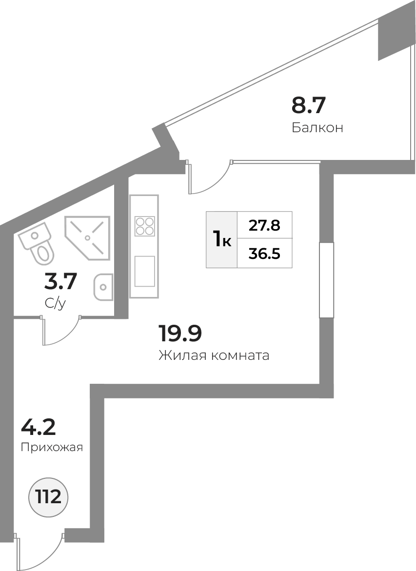 Апартаменты №116, 1-комнатная, 36.5 м², 3 этаж - планировка, Инвестиционная недвижимость «Грани»