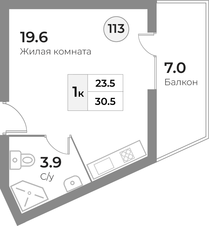 Апартаменты №117, 1-комнатная, 30.5 м², 3 этаж - планировка, Инвестиционная недвижимость «Грани»