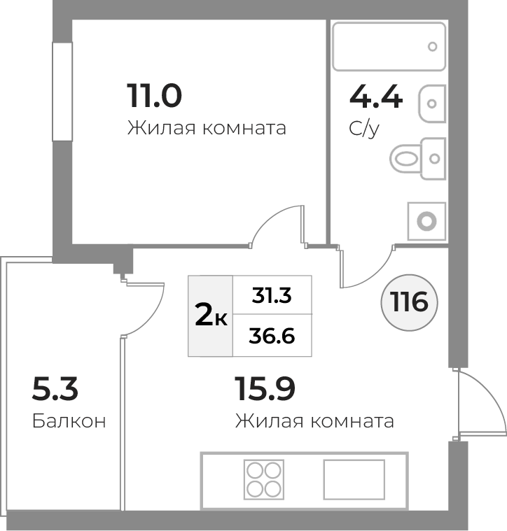 Апартаменты №120, 2-комнатная, 36.6 м², 4 этаж - планировка, Инвестиционная недвижимость «Грани»