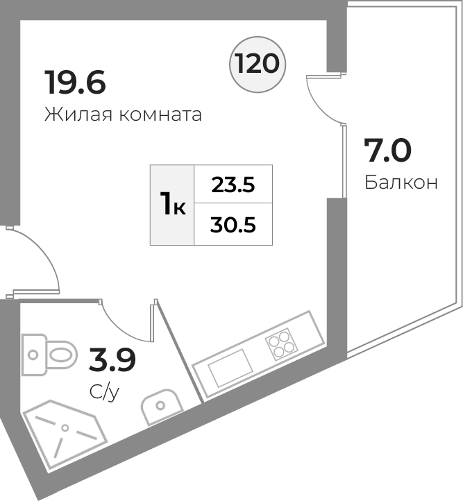 Апартаменты №124, 1-комнатная, 30.5 м², 4 этаж - планировка, Инвестиционная недвижимость «Грани»