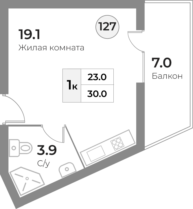 Апартаменты №131, 1-комнатная, 30 м², 5 этаж - планировка, Инвестиционная недвижимость «Грани»