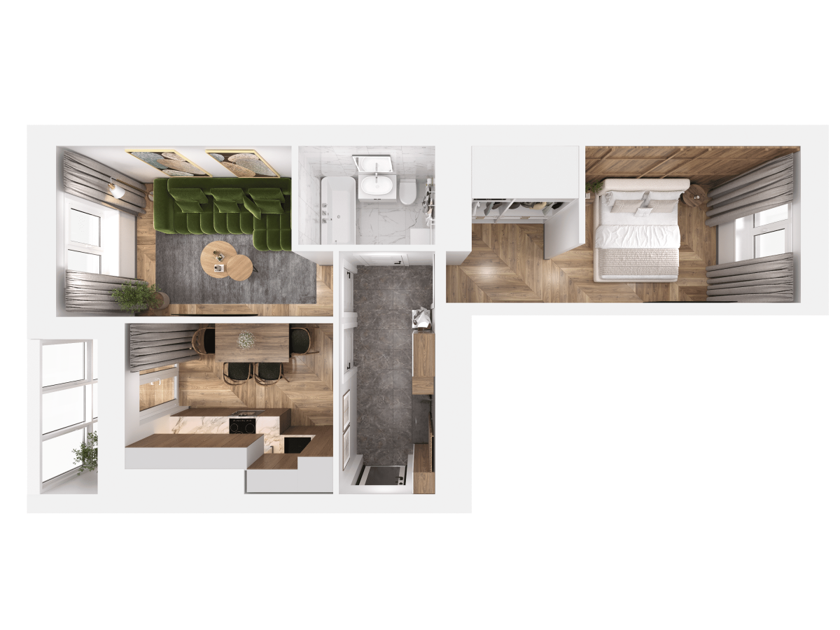 Квартира №1, 2-комнатная, 49.45 м², 1 этаж - планировка, ЖК «Легенды Девау», дом 1