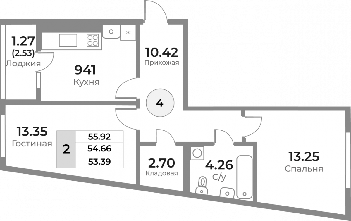 Квартира №4, 2-комнатная, 54.66 м², 1 этаж - планировка, ЖК «Легенды Девау», дом 1