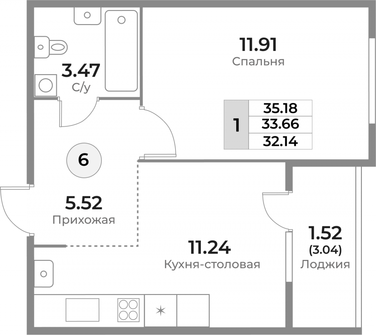 Квартира №6, 1-комнатная, 33.66 м², 2 этаж - планировка, ЖК «Легенды Девау», дом 1
