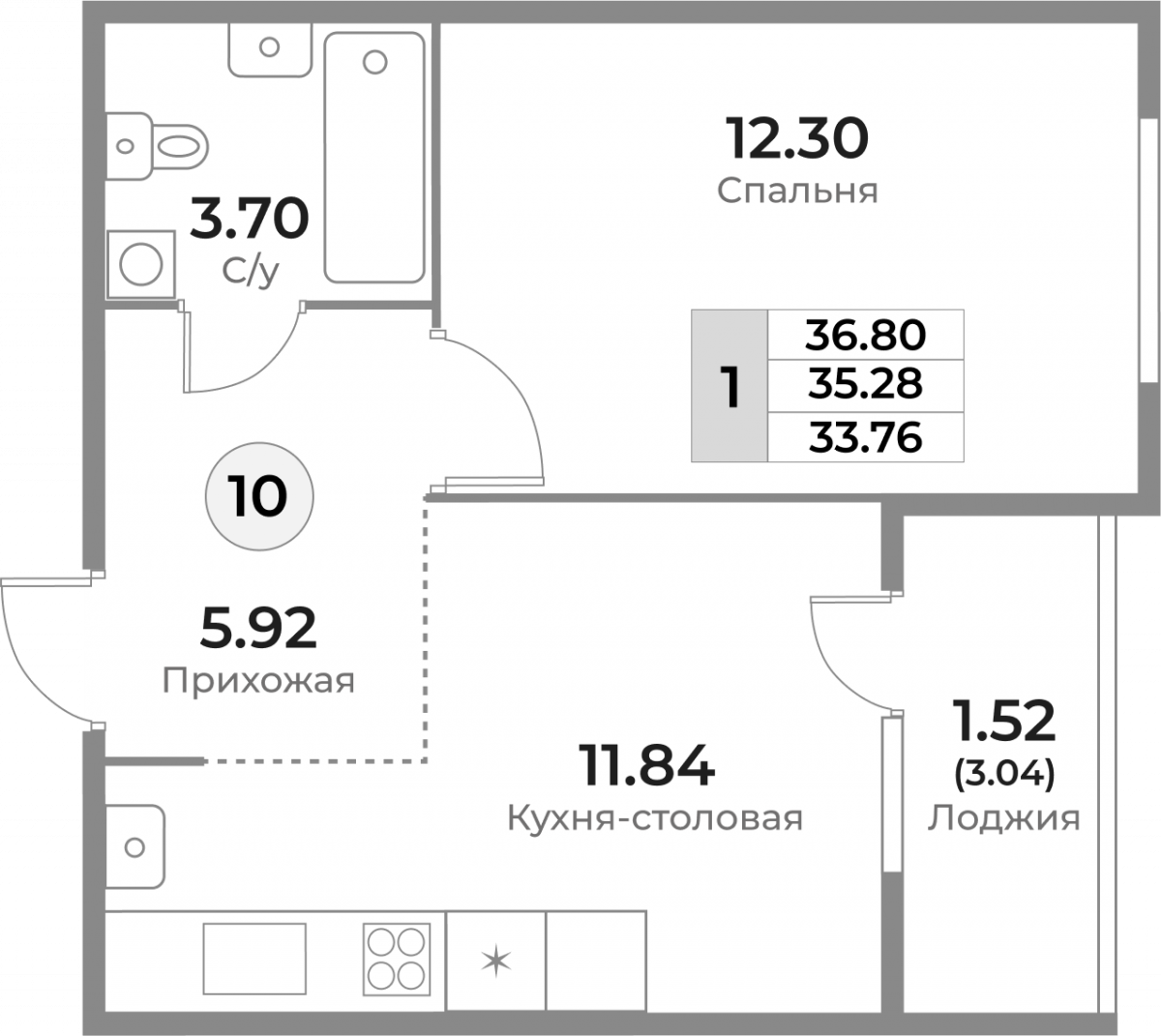 Квартира №10, 1-комнатная, 35.28 м², 3 этаж - планировка, ЖК «Легенды Девау», дом 1